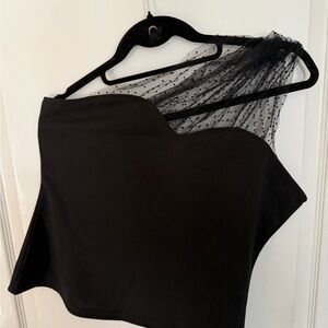 Black One-Shoulder Top with Sheer Polka Dot Detail